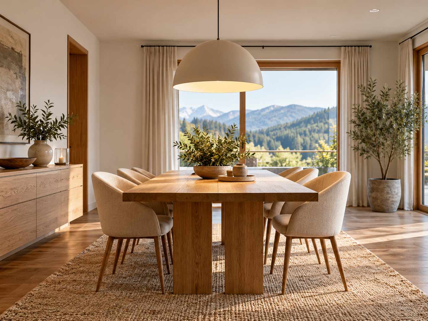 Round pendant over a practical dining area