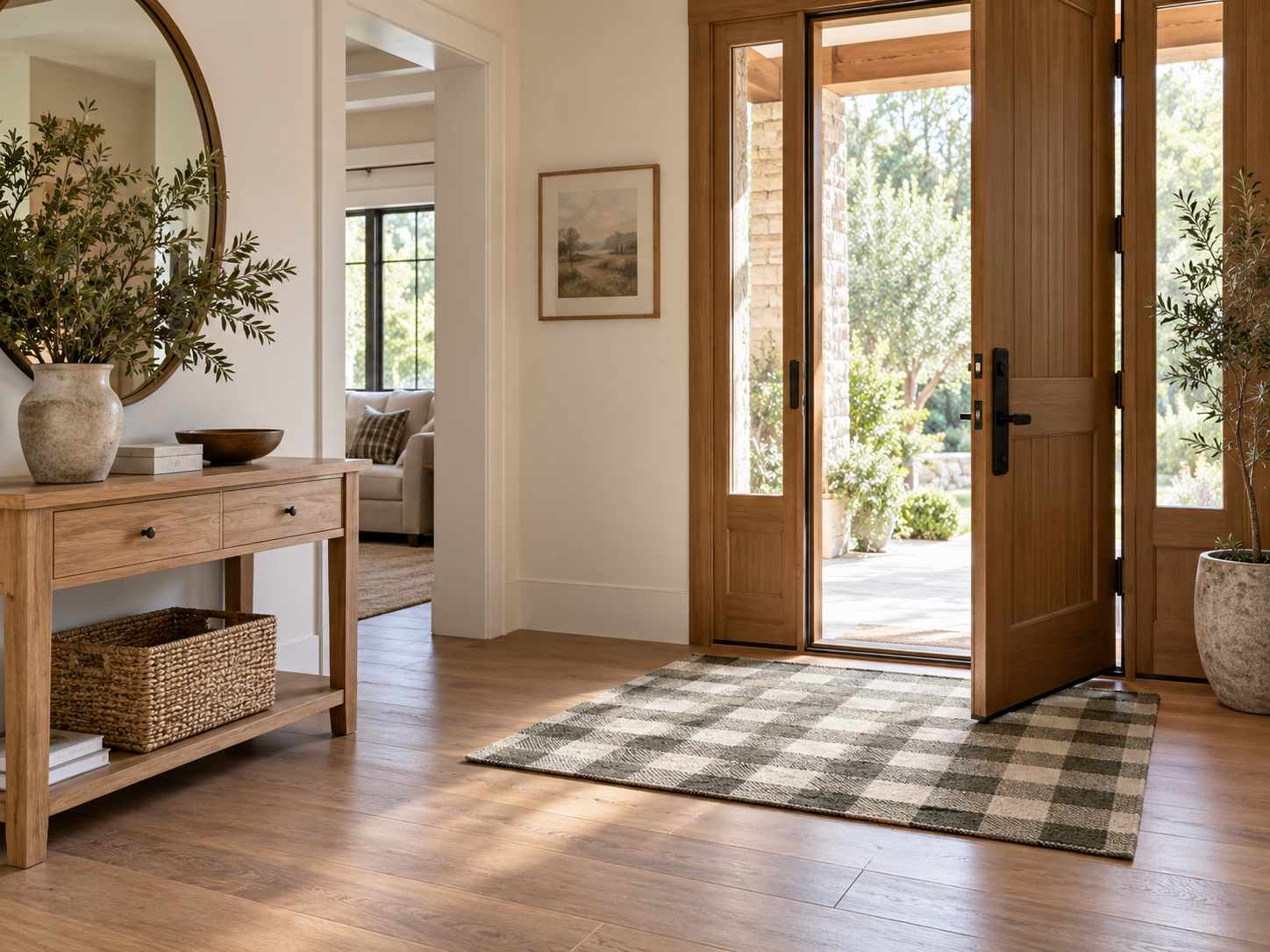 Small checked rug at a home entry