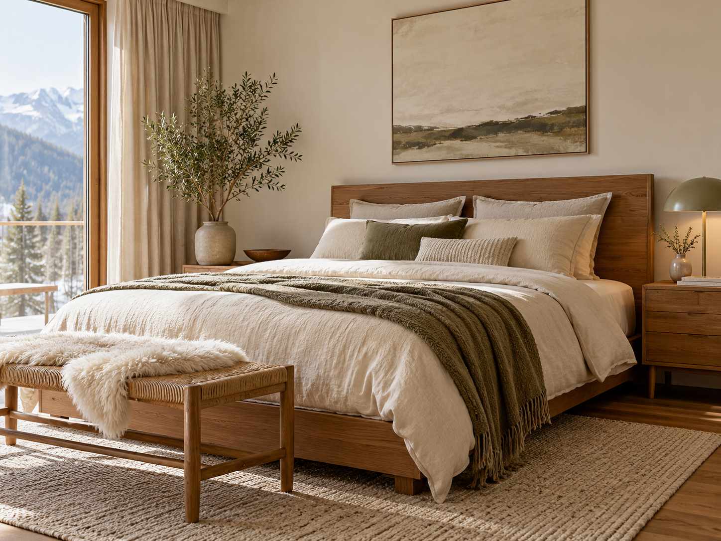 Bedroom palette based on cream and natural wood