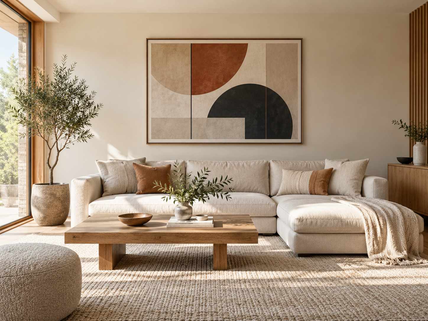 One geometric artwork above simple seating