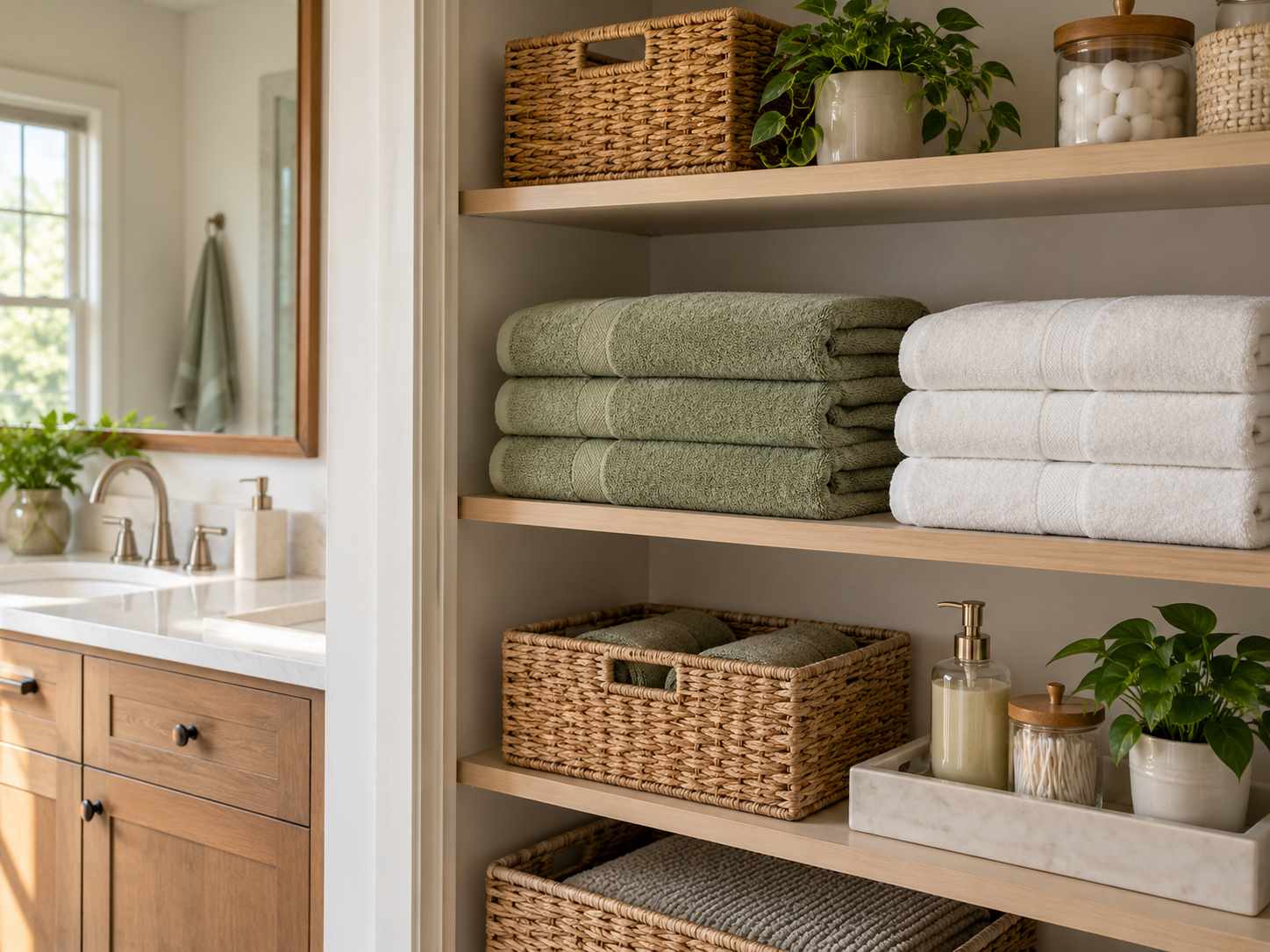 Everyday towels on an accessible closet shelf