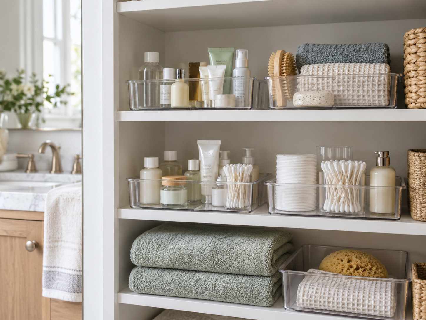 Shallow bins holding small toiletries