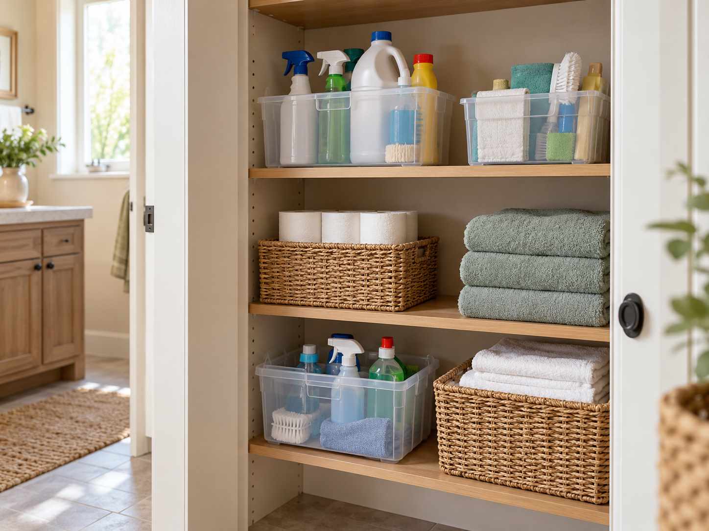 Supplies grouped separately in contained storage