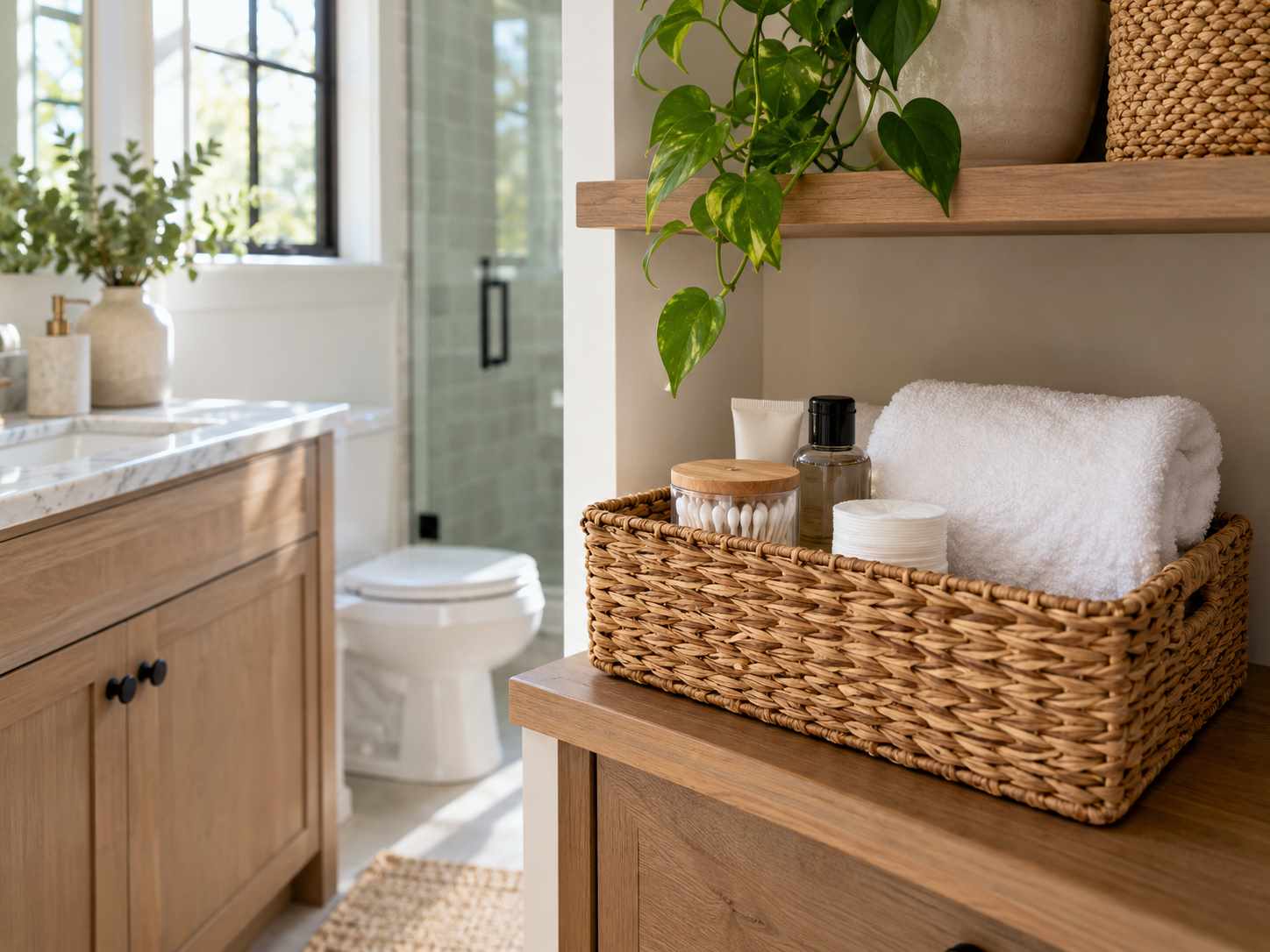 Small guest basket with clean towels and essentials