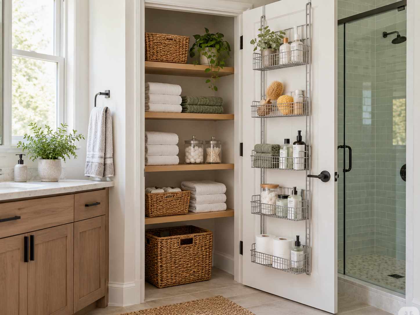 Door organizer with clearance around closet shelves
