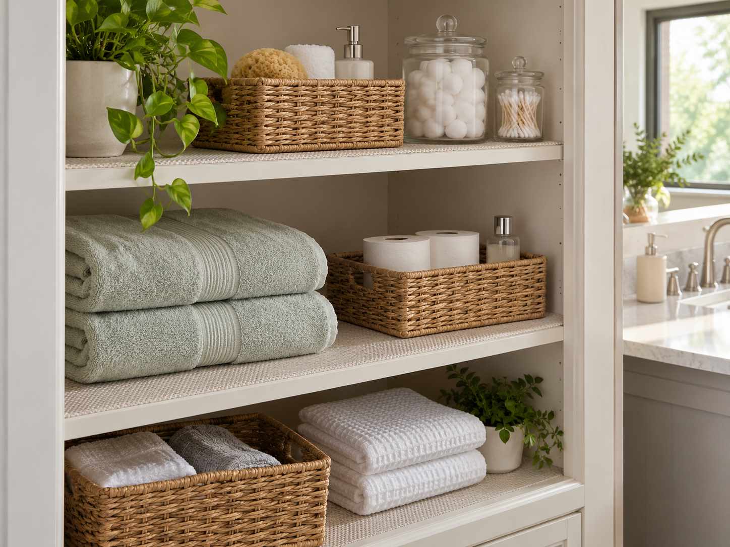 Flat removable-looking shelf liner beneath towels