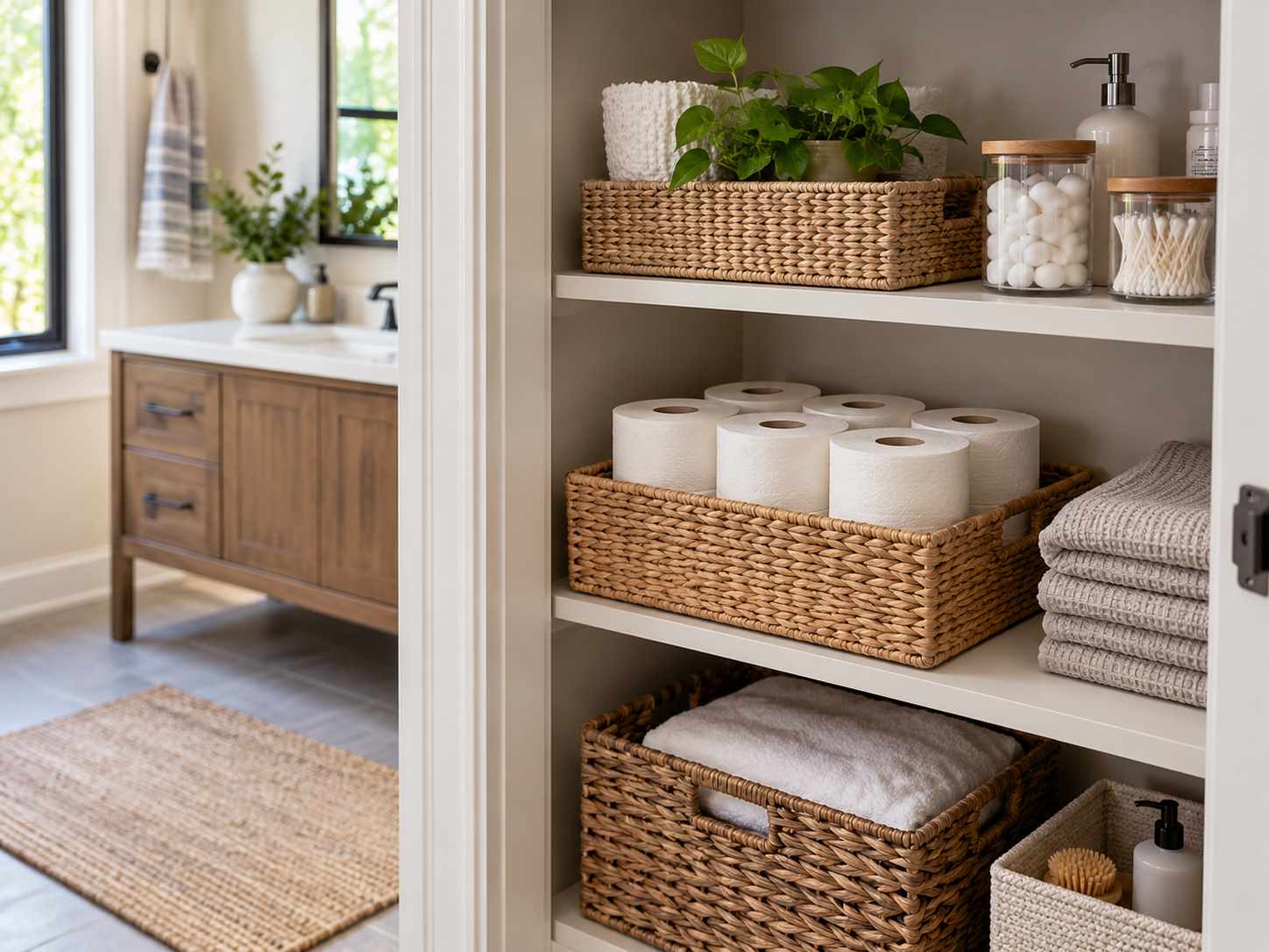Spare toilet rolls in a dry defined section