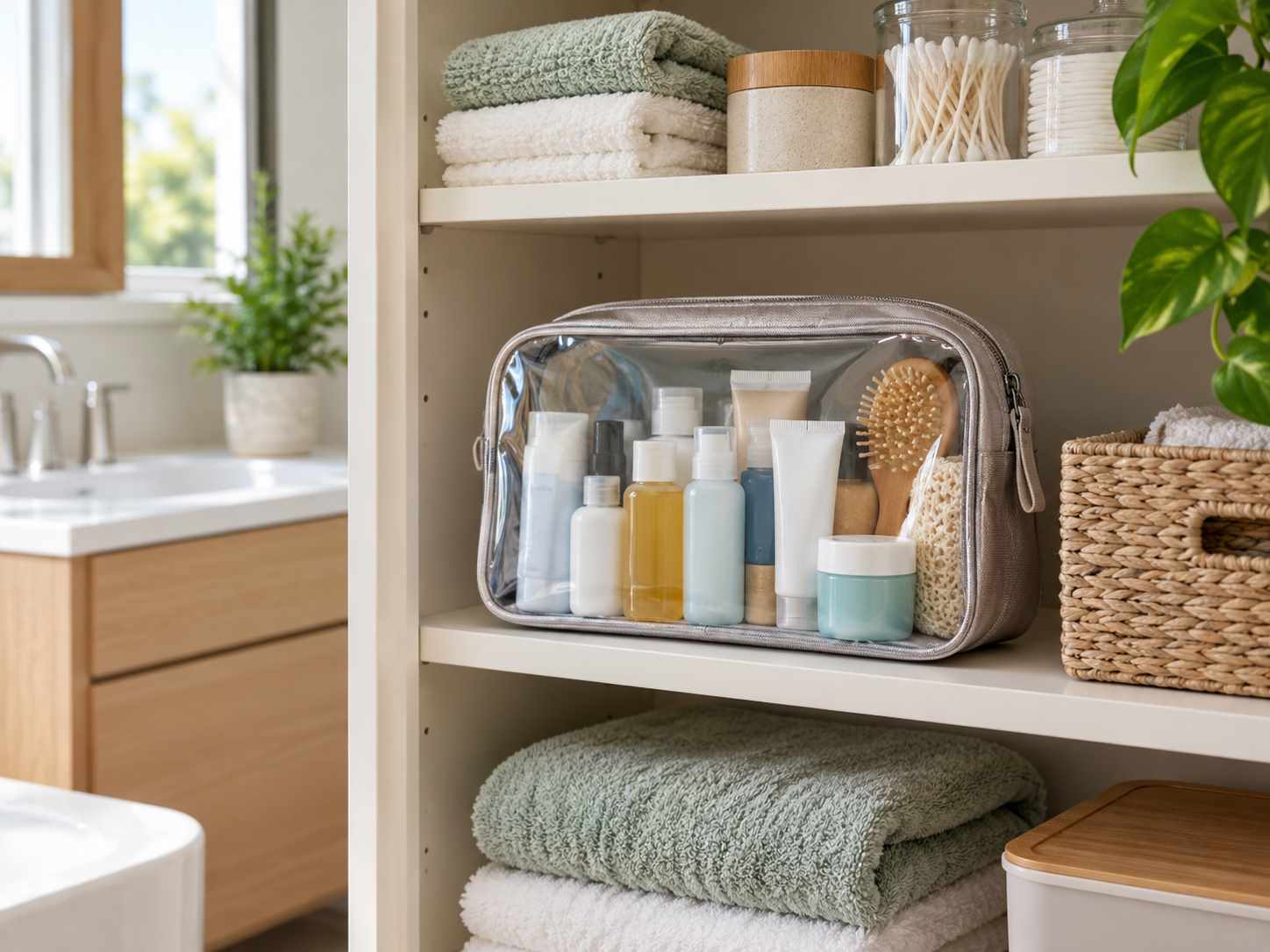 Travel toiletries grouped in one removable pouch