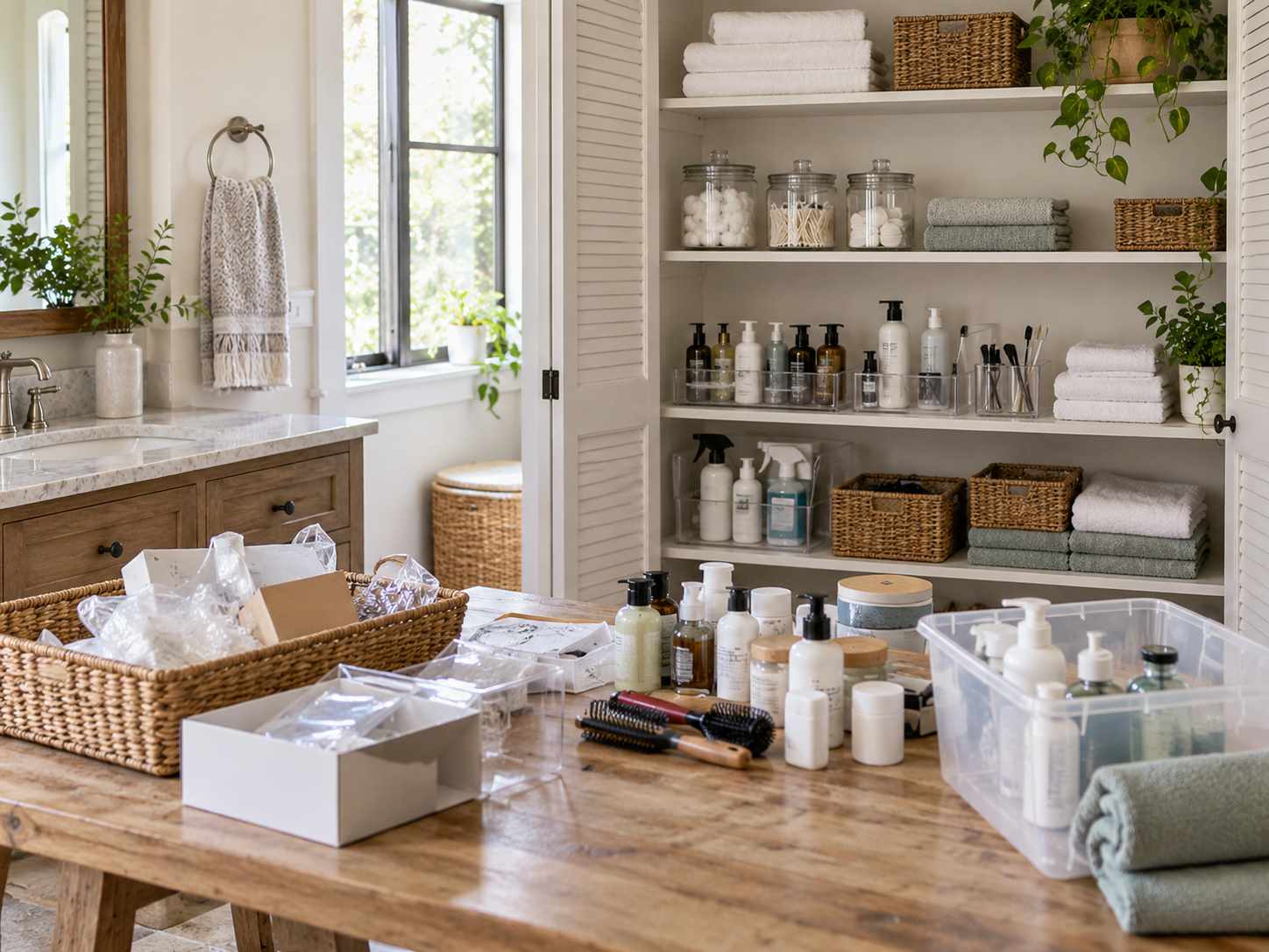 Closet reset with supplies sorted into clear categories