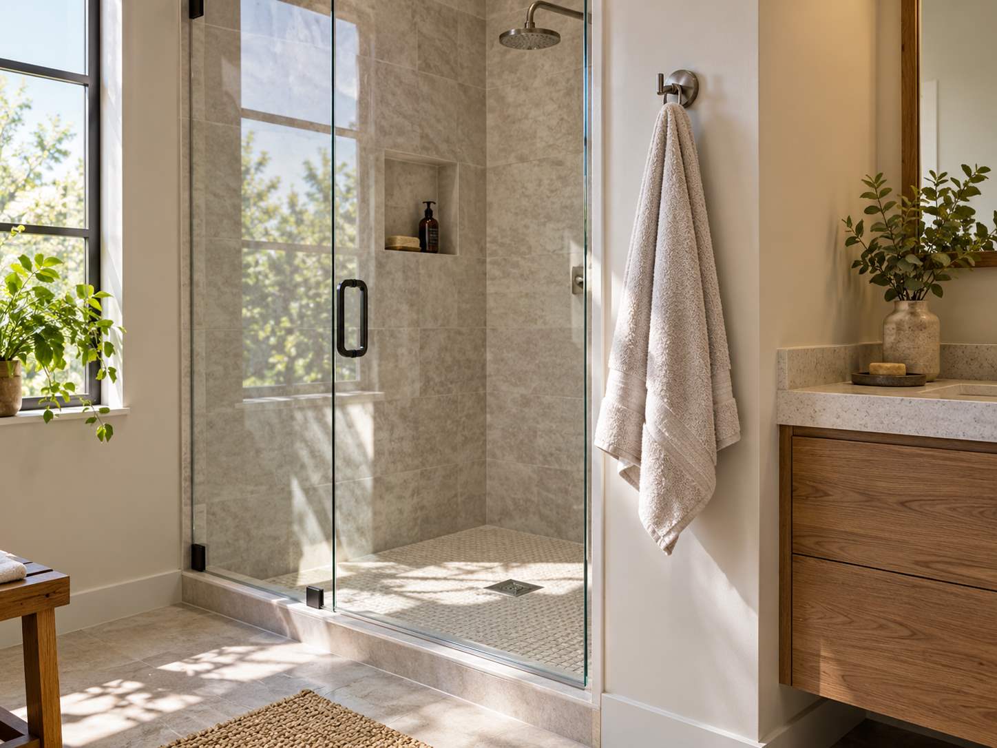Single hook within reach of a shower exit