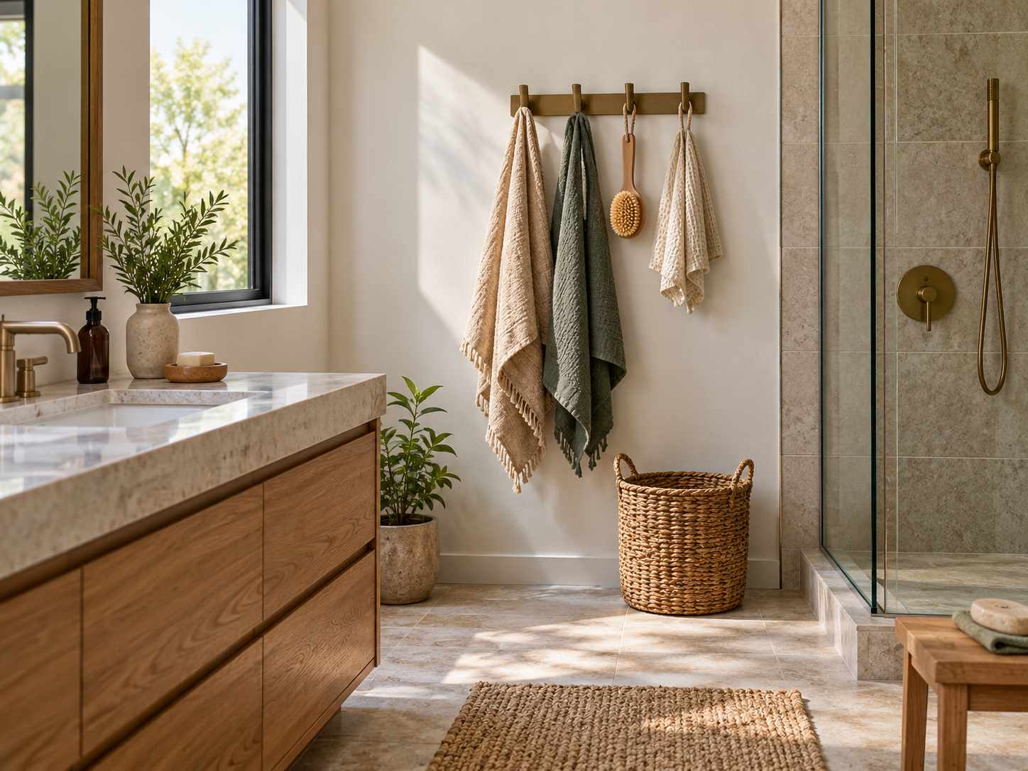 Short hook rail on a clear bathroom wall