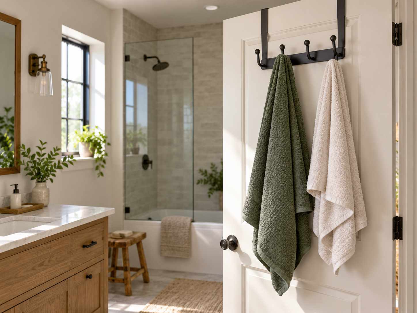 Over-door hooks with room for the door to operate