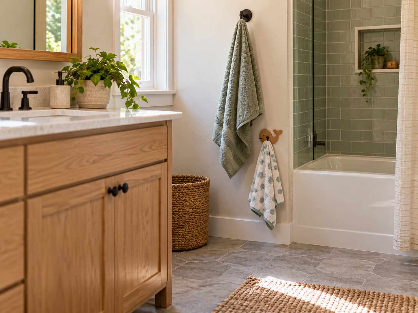 Lower towel hook for a smaller user's reach