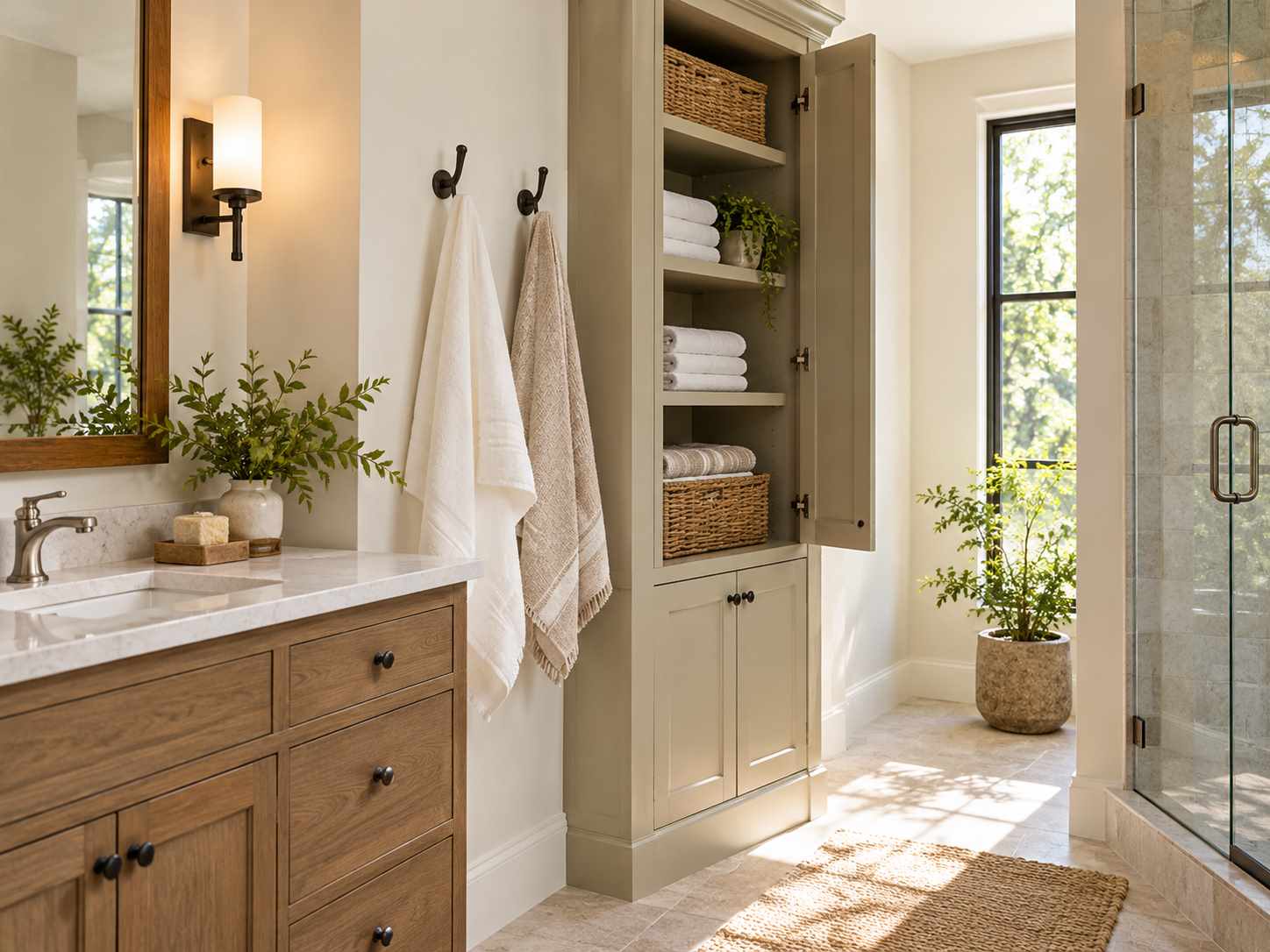 Hook group beside bathroom storage