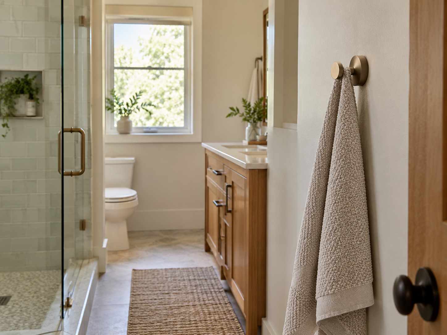 Rounded hook in a narrow bathroom passage