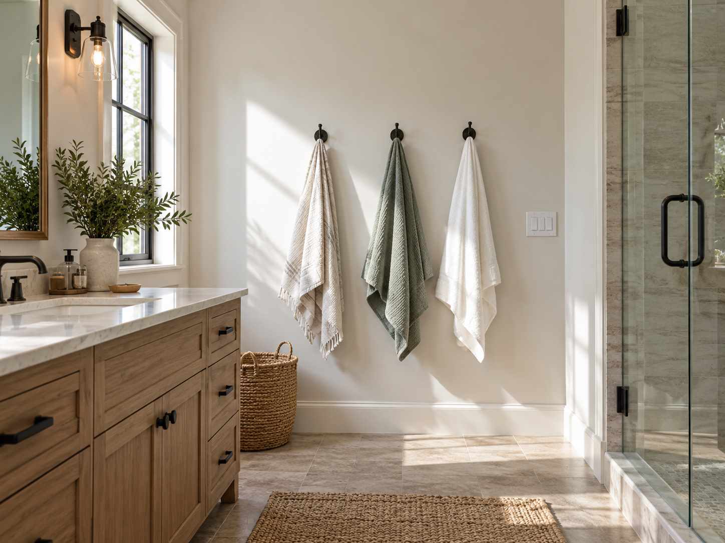 Spare wall space around a towel-hook arrangement