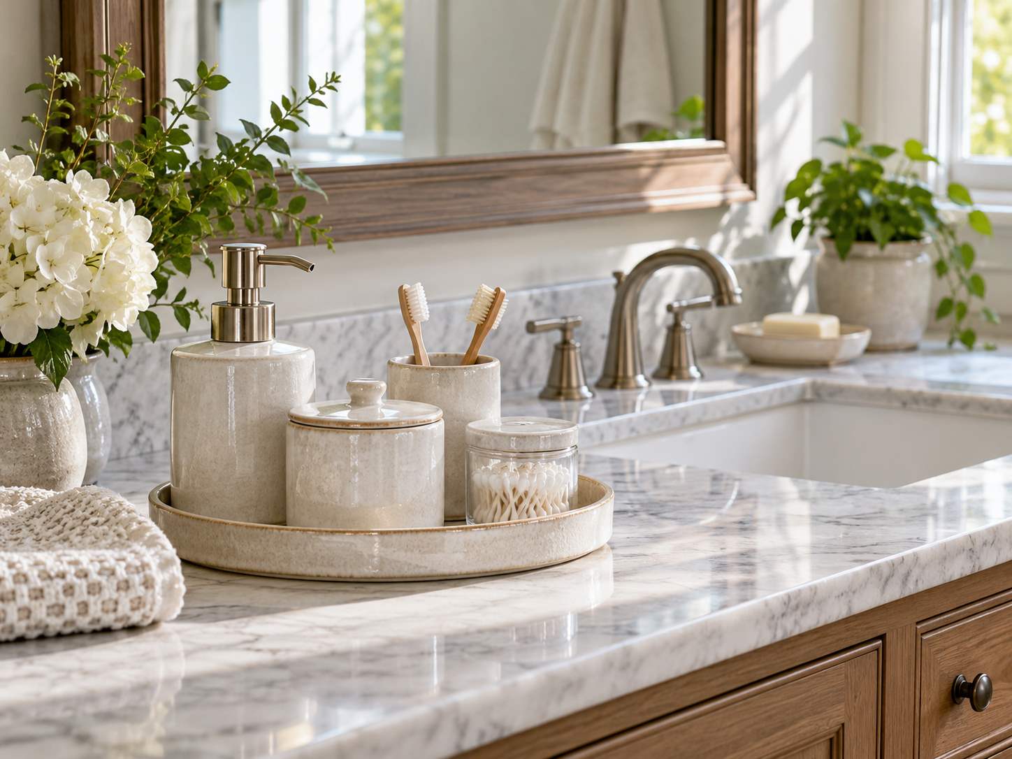 Related ceramic containers on a bathroom counter