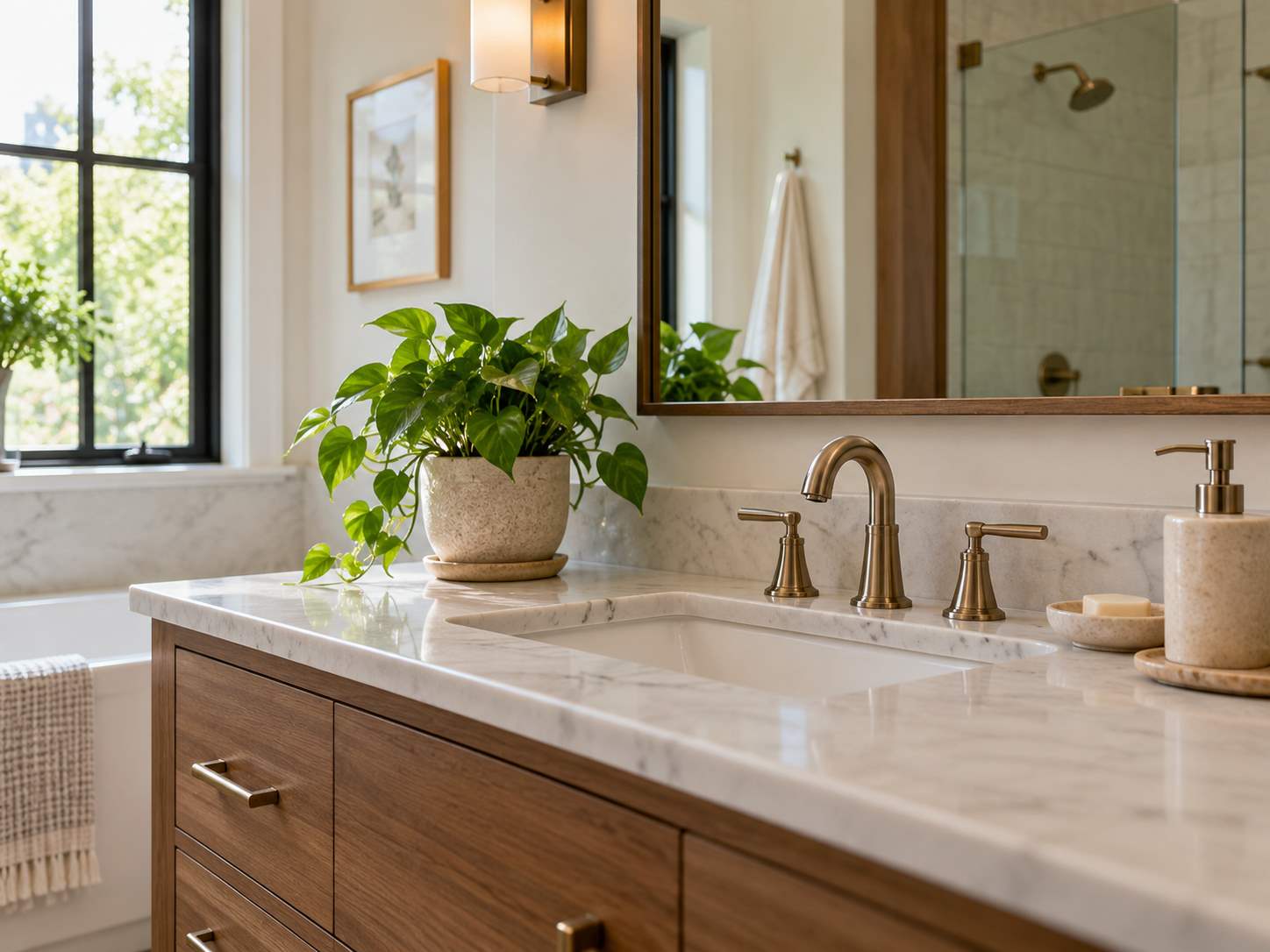 Small plant on a dry side of a vanity