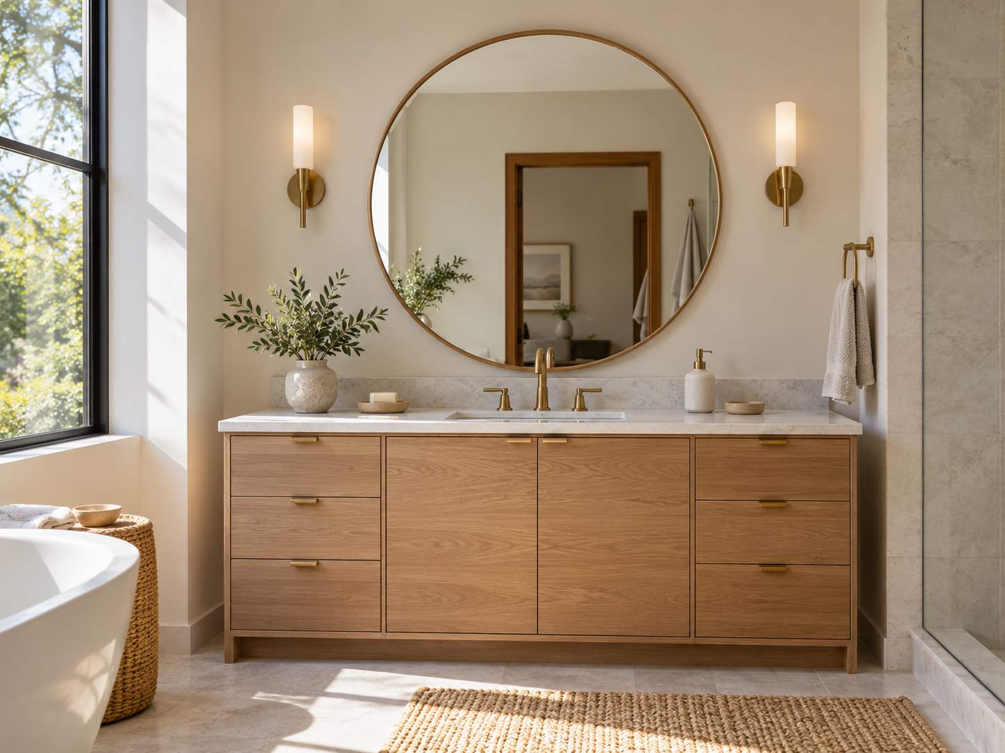 Simple round mirror as the main vanity feature