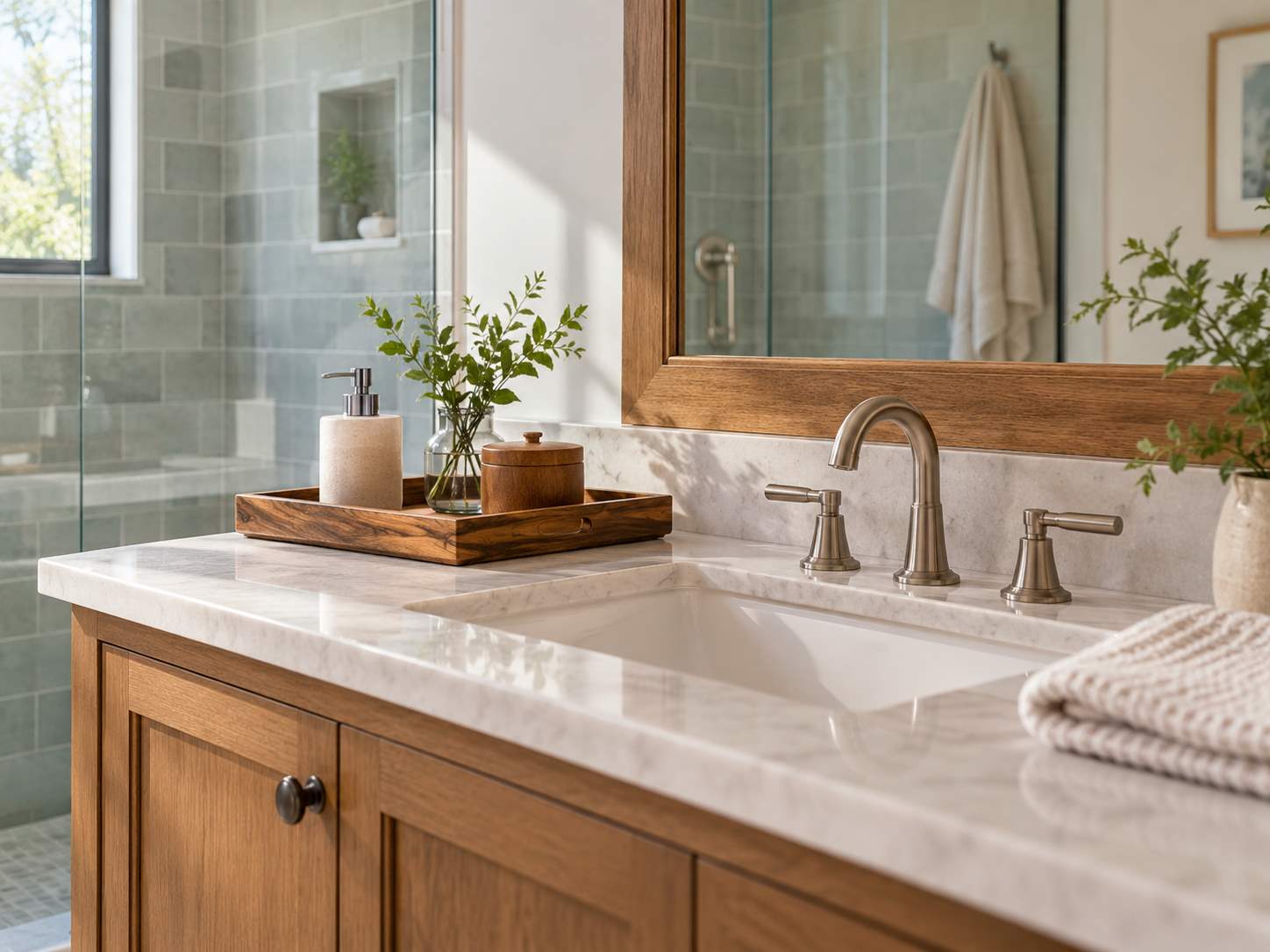 Wood-toned accessory beside a bathroom basin
