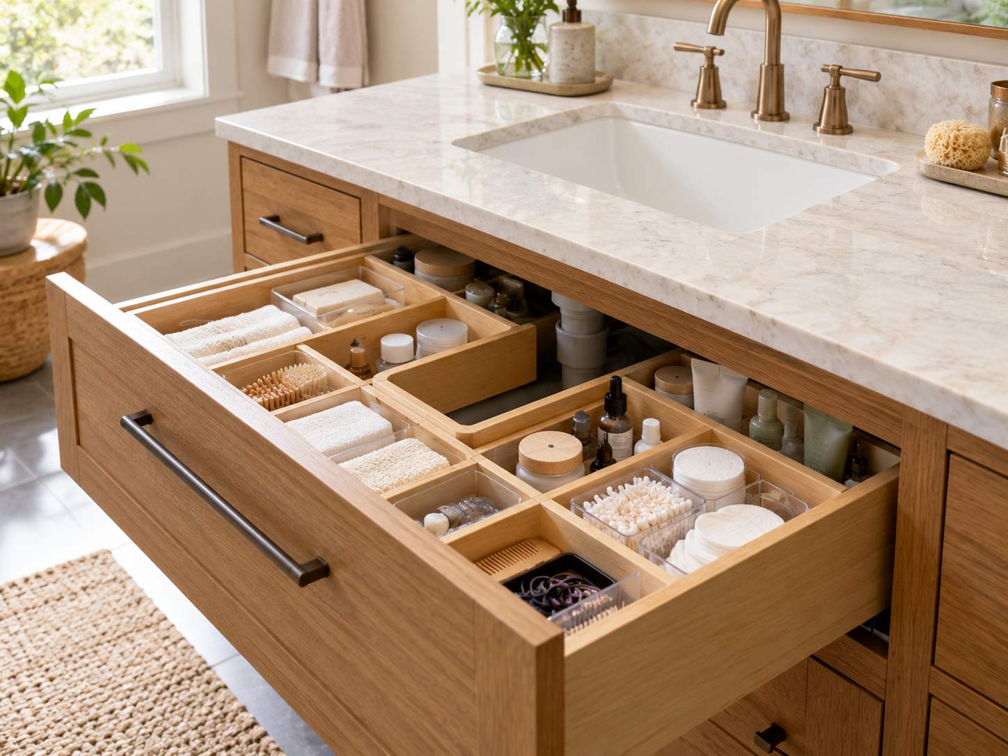 Measured dividers organizing a vanity drawer
