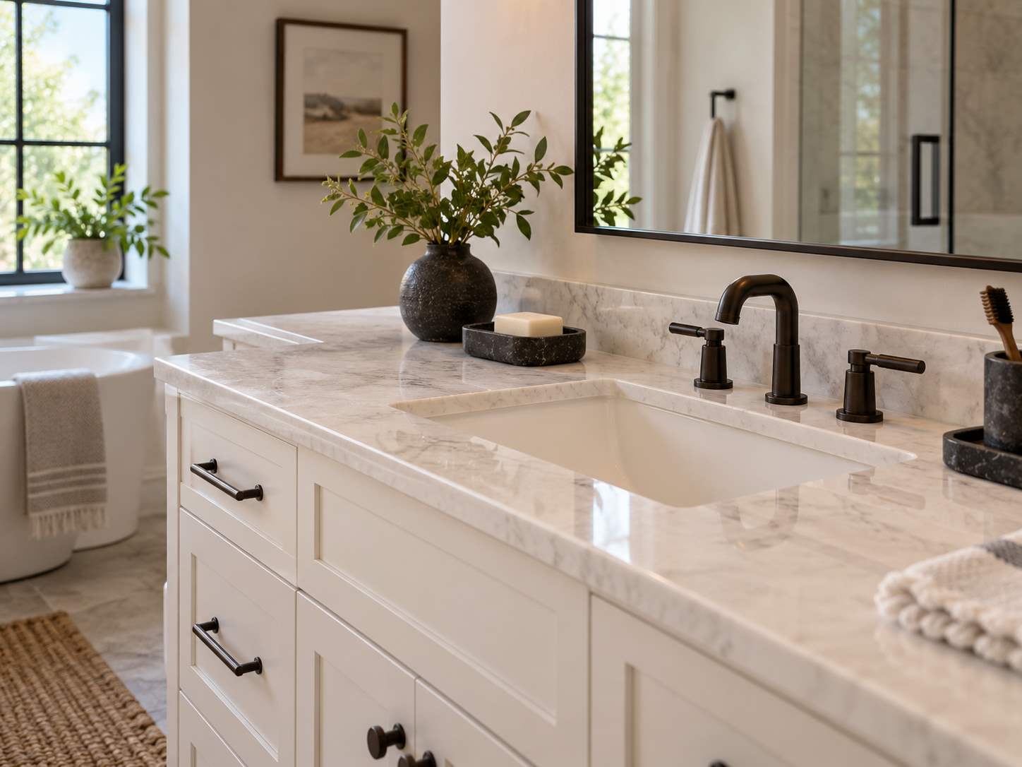 Restrained dark soap and hardware accents