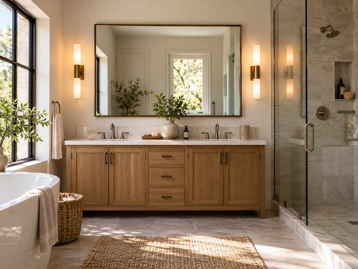 Balanced bathroom lighting around a mirror