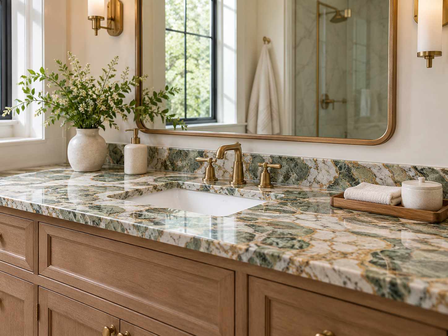 Patterned vanity counter with plain accessories
