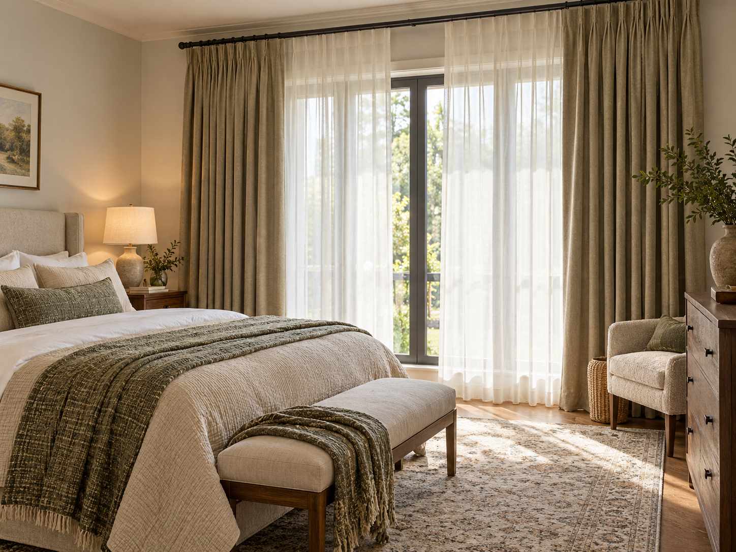 Sheer curtain layer behind lined drapes
