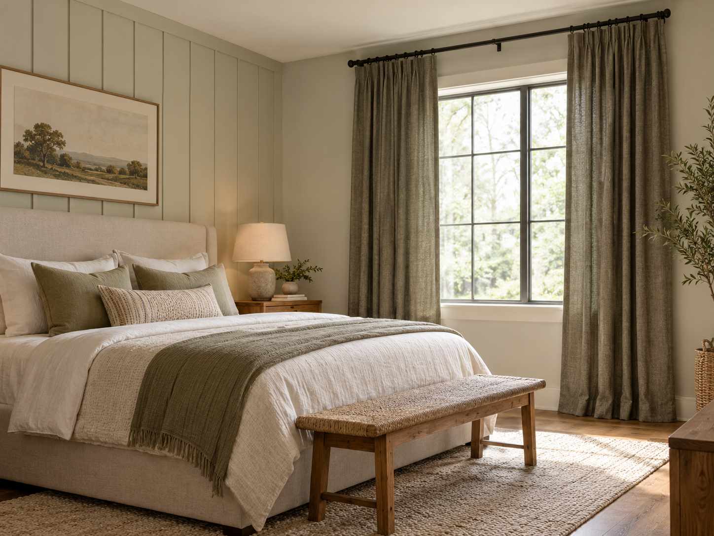 Softly contrasting curtains beside pale bedroom walls