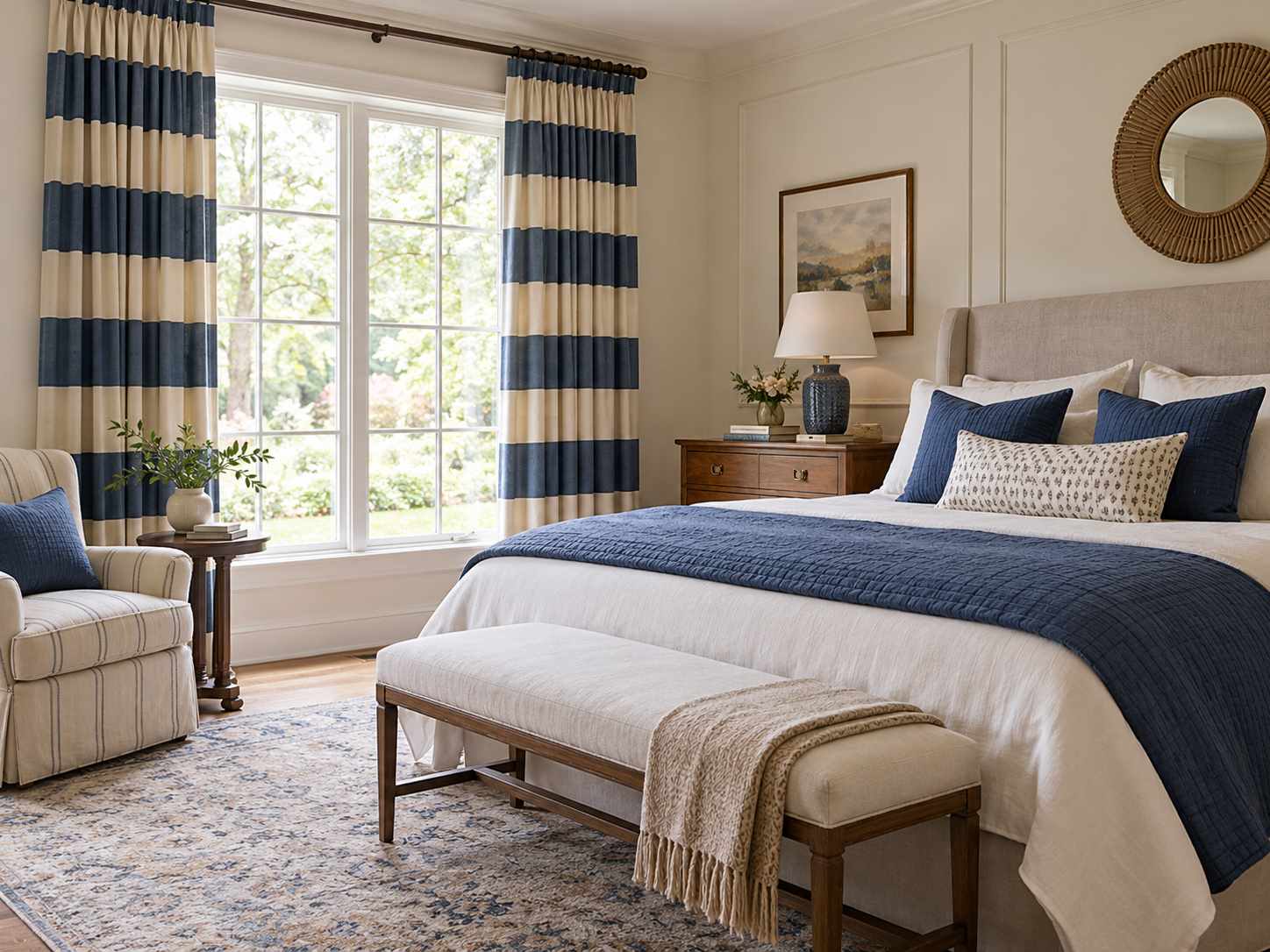 Broad striped curtains in a plain bedroom
