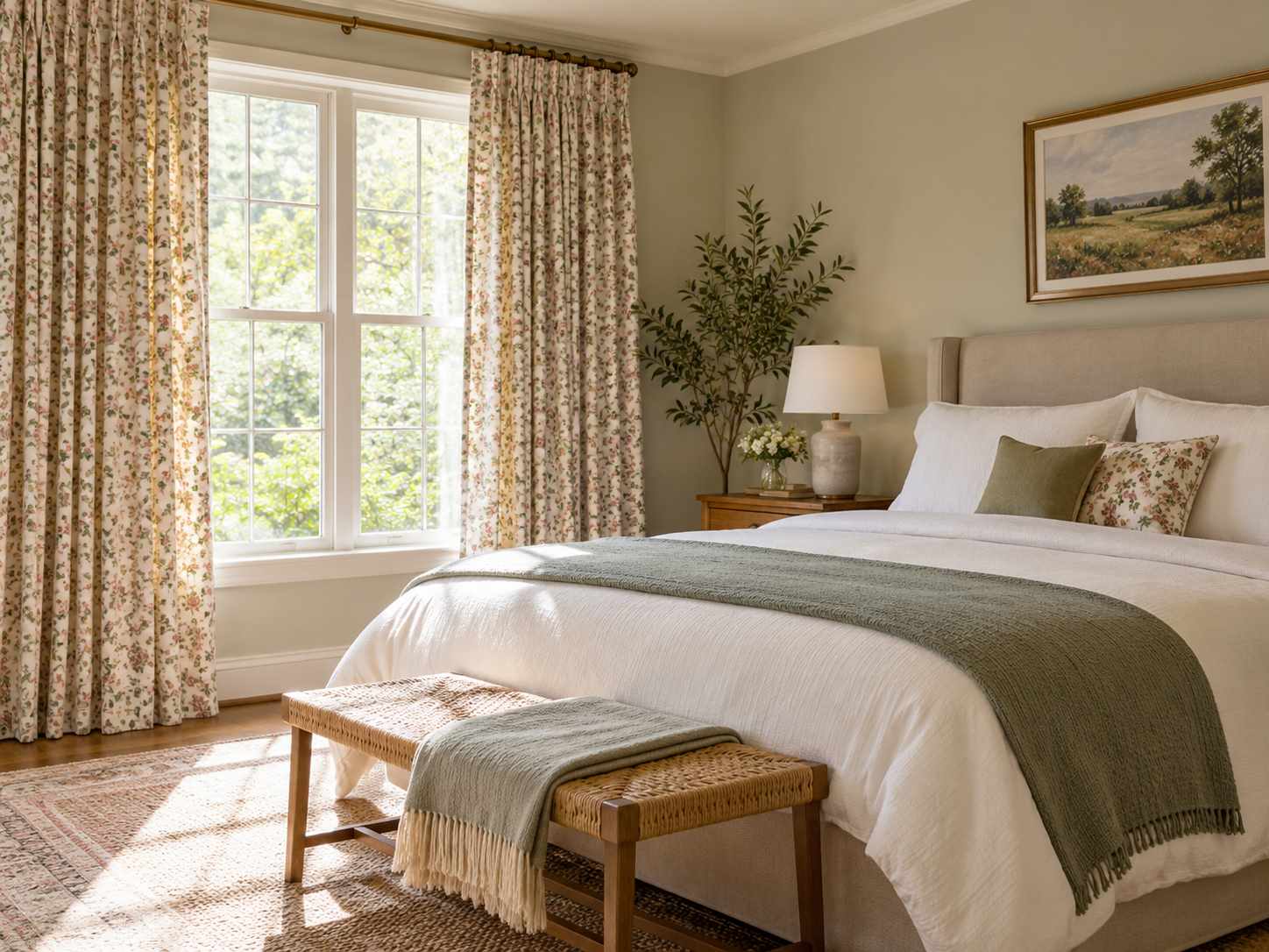 Small floral curtains with plain bedding
