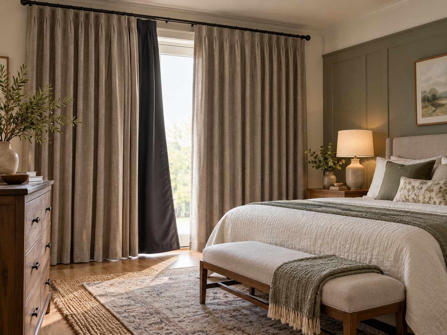 Dark lined curtains with generous window coverage