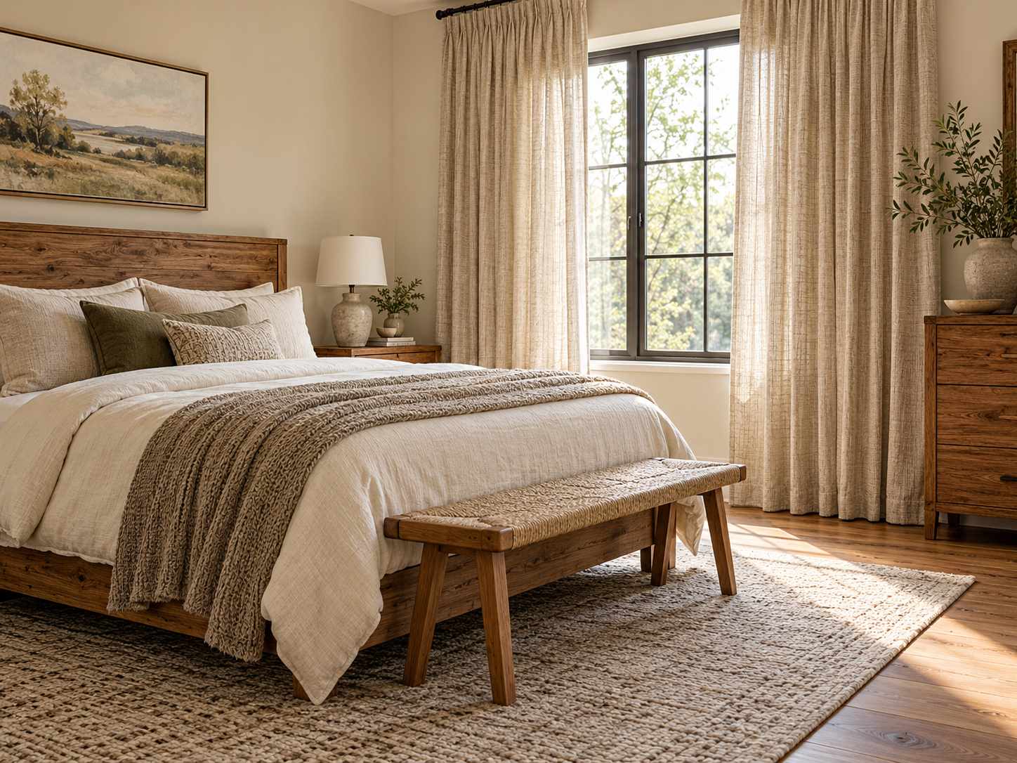 Textured oatmeal curtains with wooden bedroom furniture