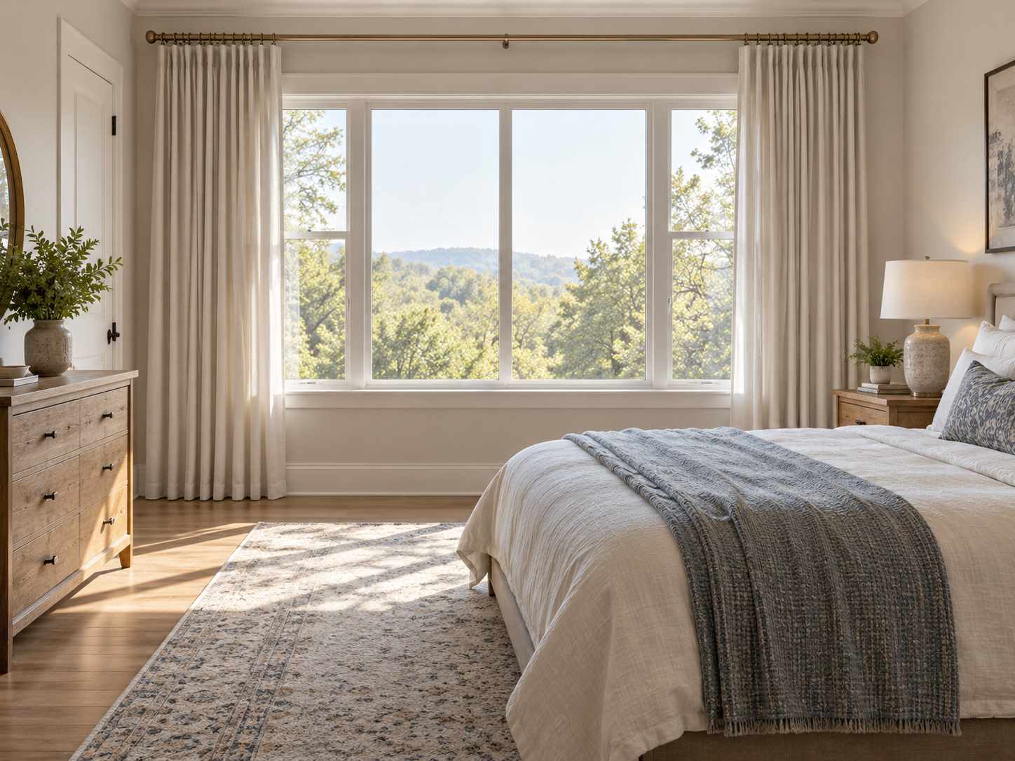 Curtains stacking beside a wide bedroom window