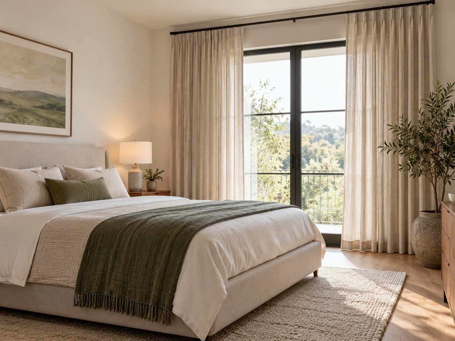 Simple curtain heading above a clean-lined bed