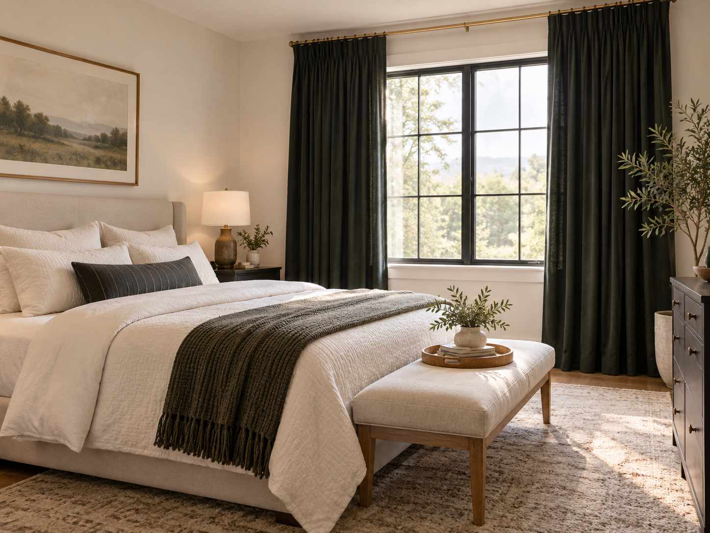 Dark curtains adding an outline to a pale bedroom