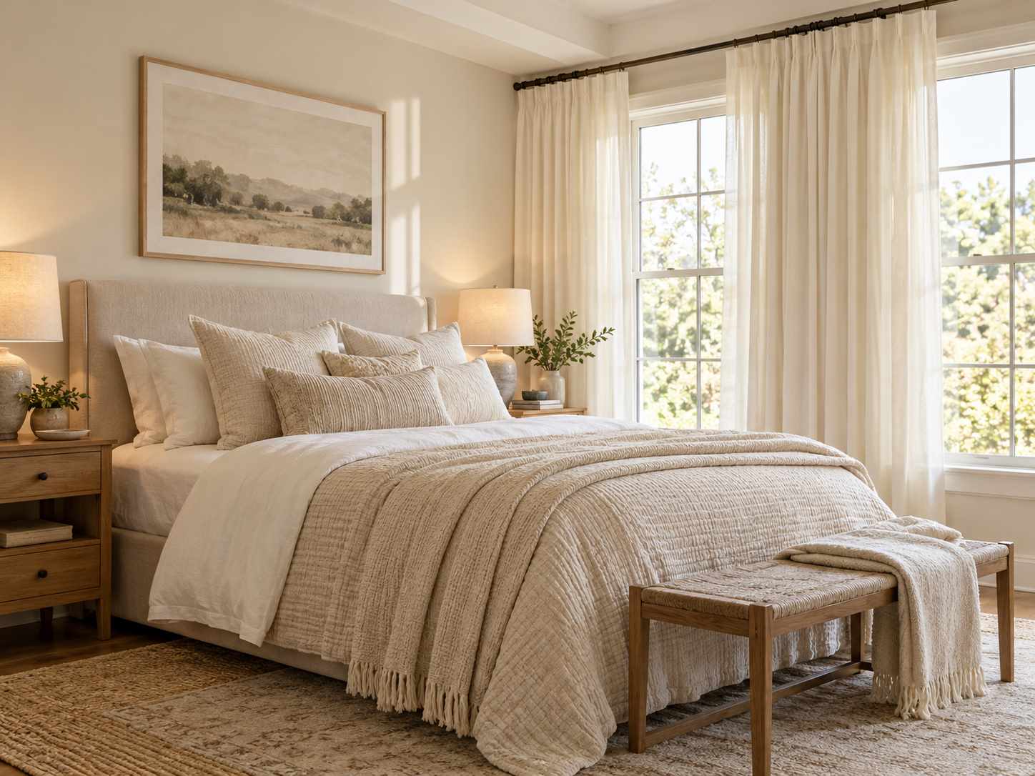 Warm white curtains with tonal pale bedding