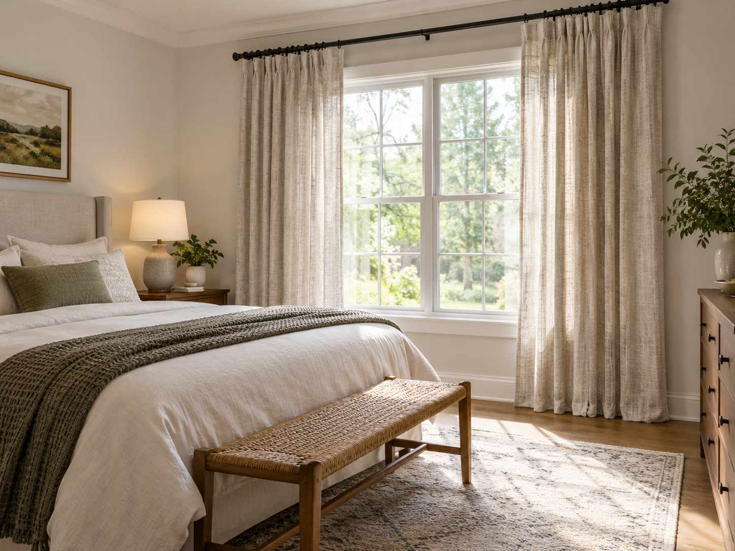 Light plain curtain fabric beside a bedroom window