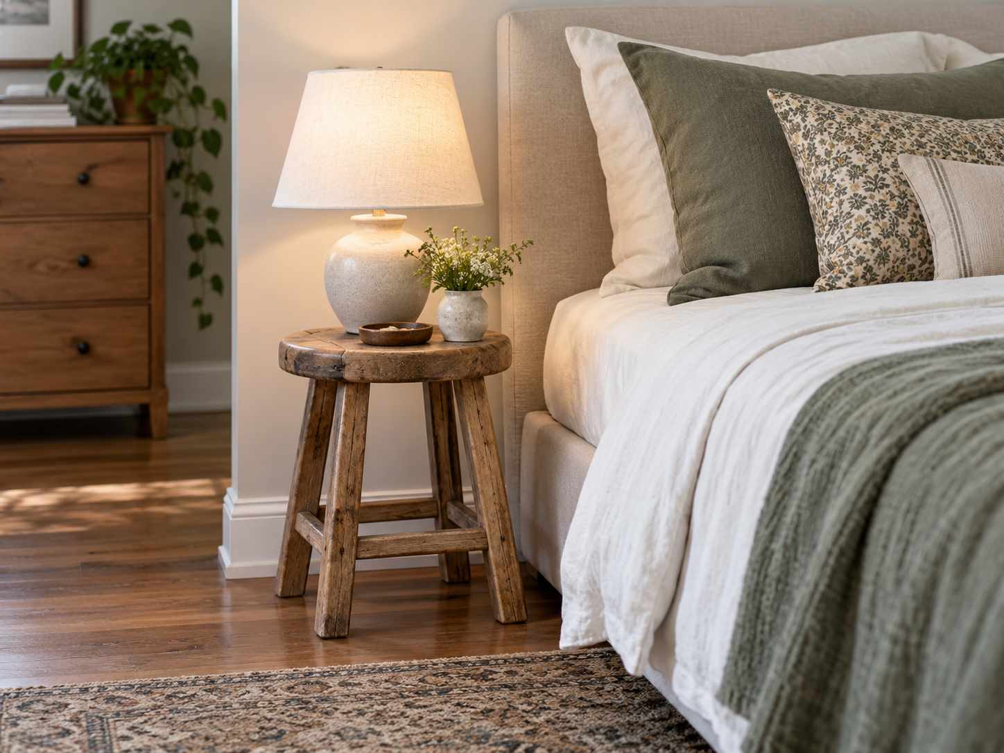 Stable wooden stool used as a bedside surface