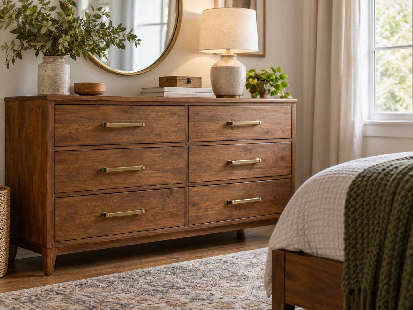 Refreshed drawer hardware on a sound wooden dresser