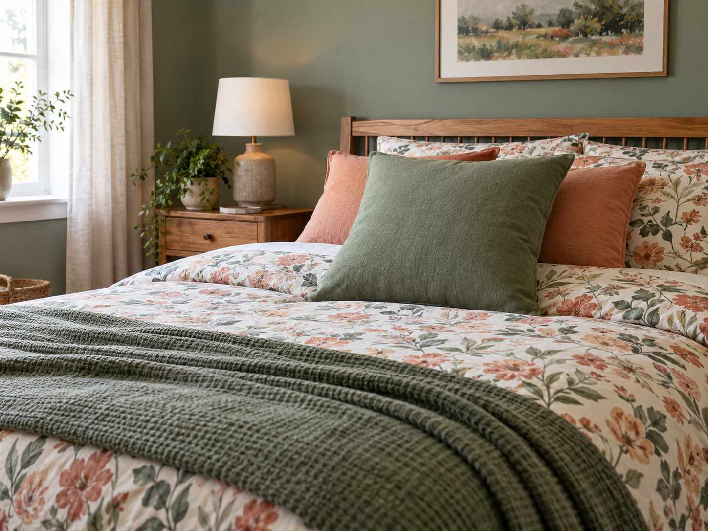 Plain cushion cover connecting patterned bedding colors