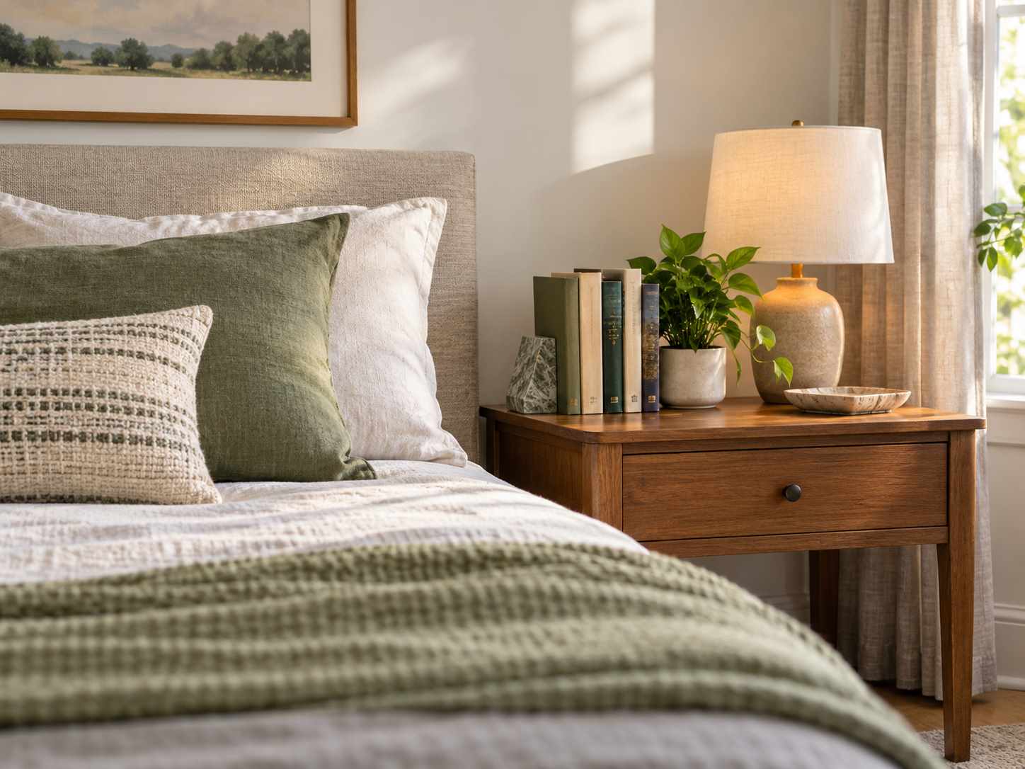 Favorite books grouped beside a bed