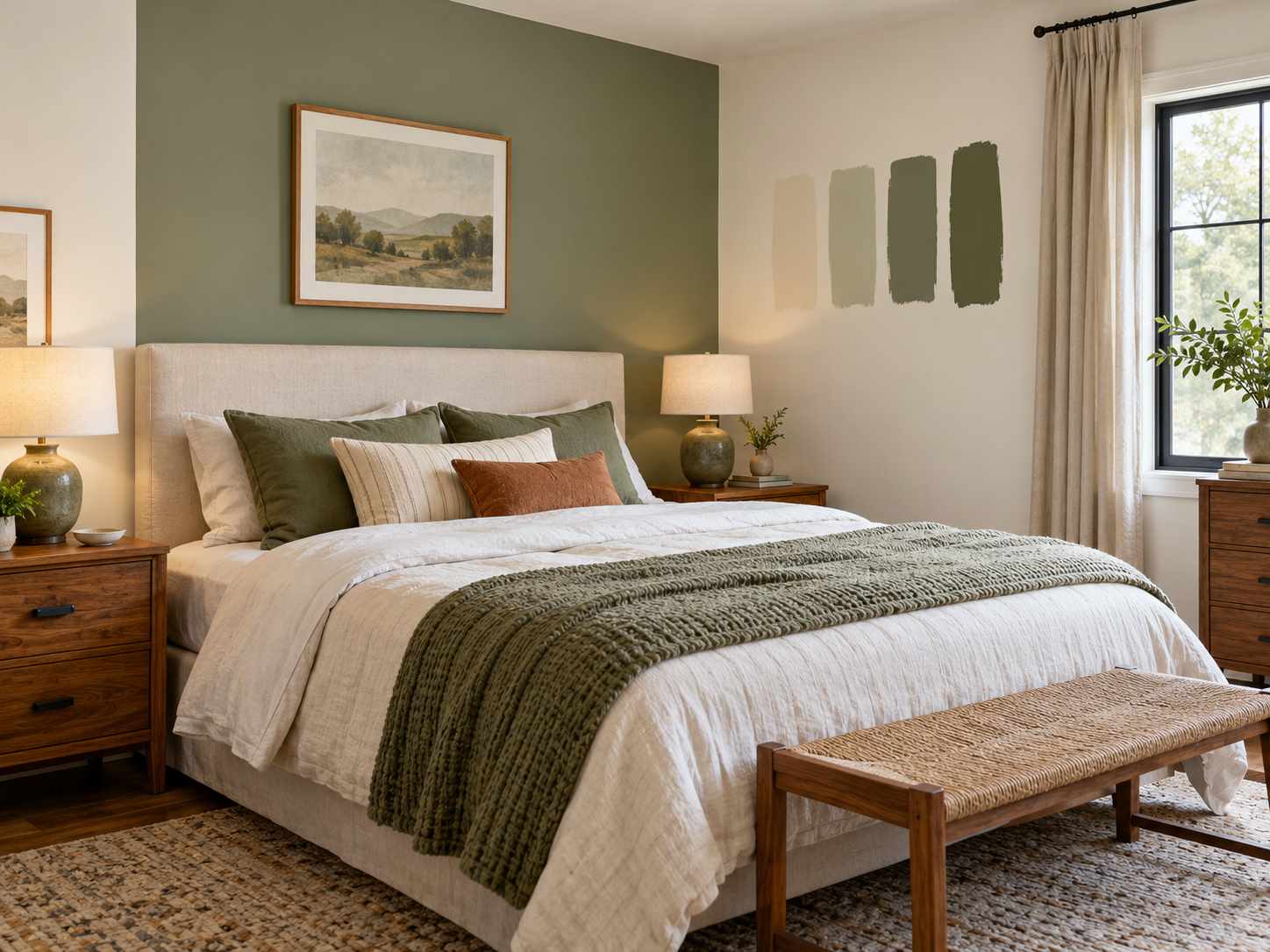 Small paint samples tested against bedroom furniture