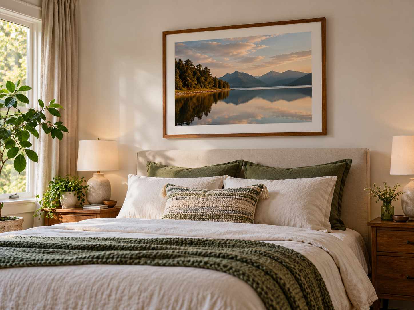 Personal landscape photograph framed in a bedroom