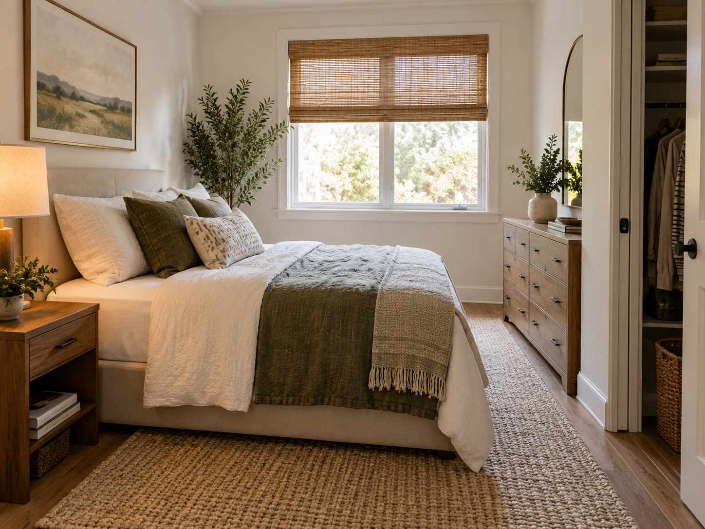 Bed positioned with access to doors and storage