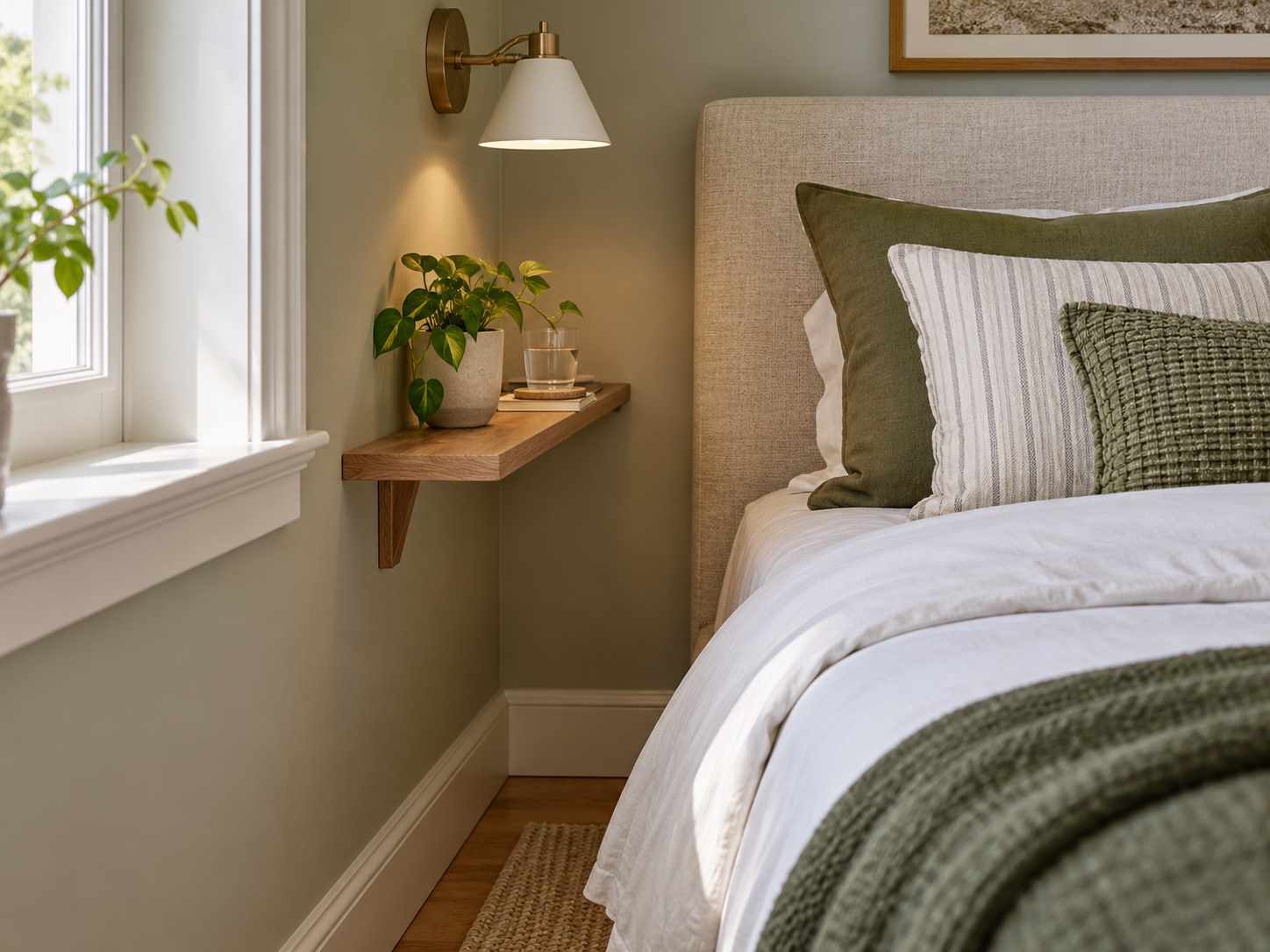 Narrow bedside shelf on a small bedroom wall