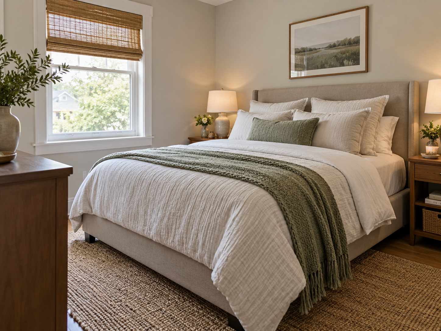 Quiet main bedding pattern in a compact room