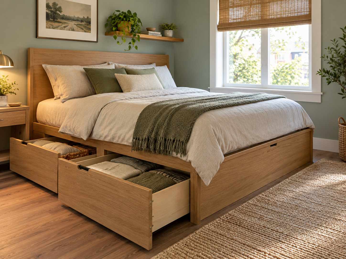 Bed with usable built-in storage drawers