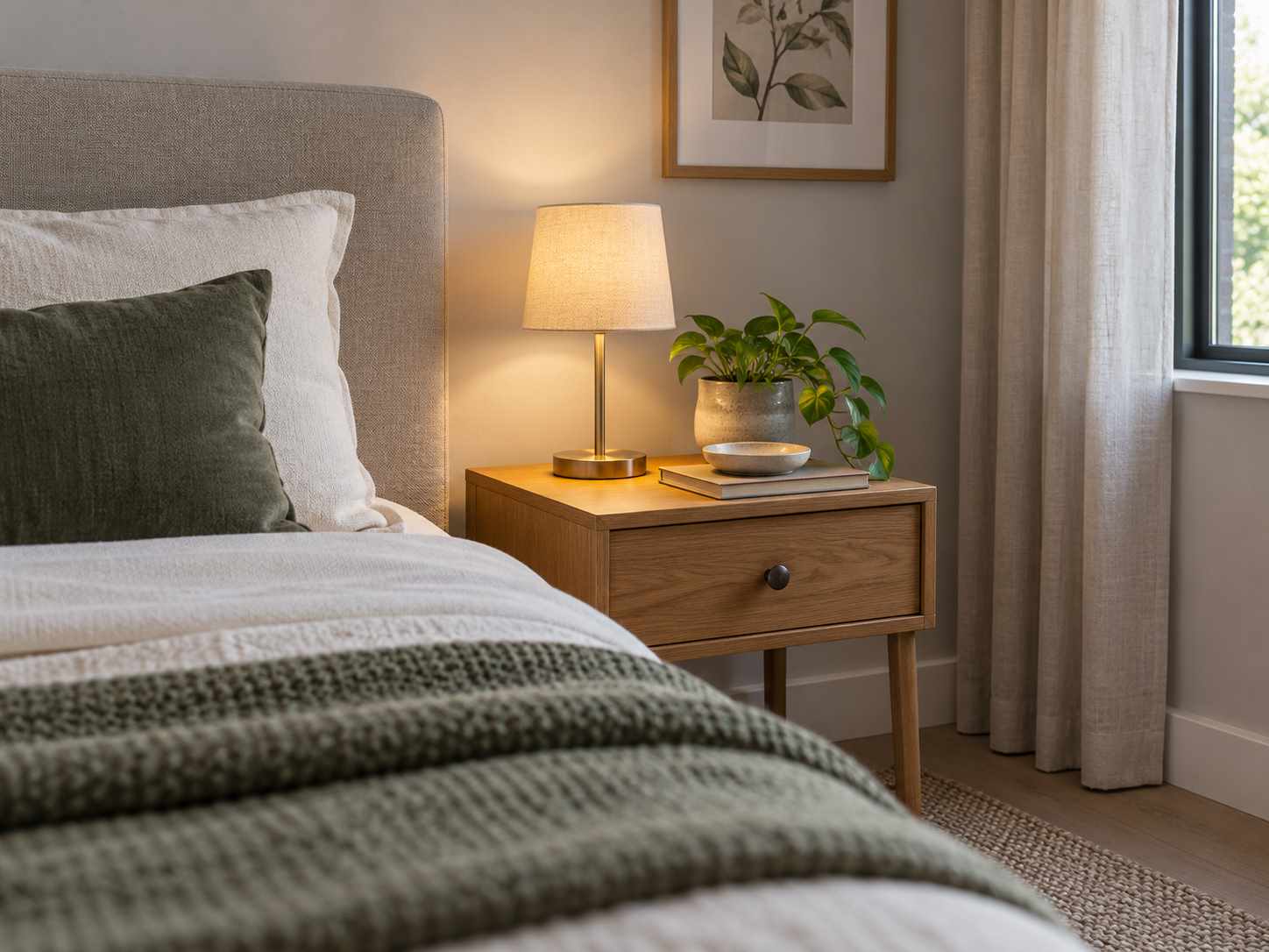 Small-footprint lamp on a bedside surface
